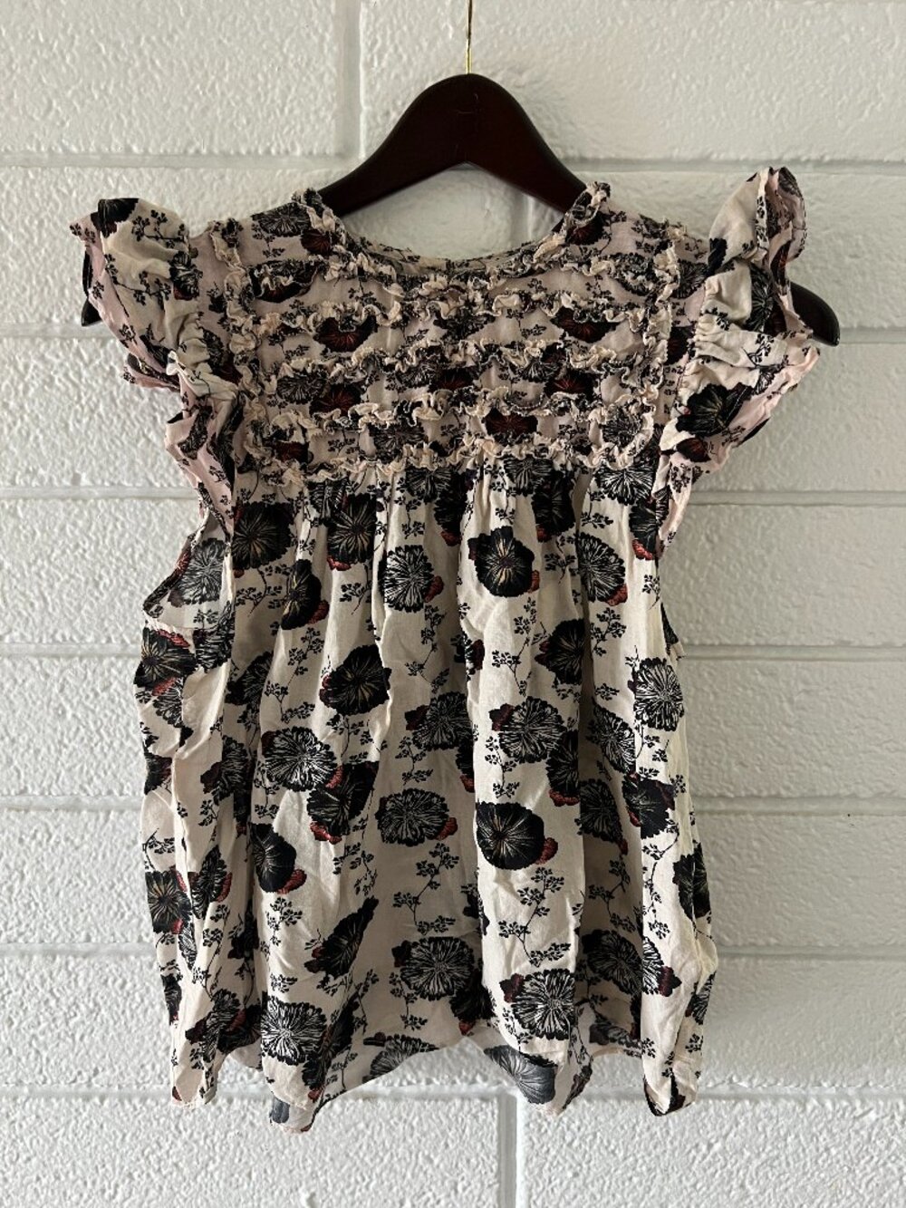 Ulla Johnson Cream Black Erin Cotton Blend Floral Ruffle Women Blouse Size 6